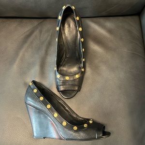 Tory Burch peep toe leather wedges with studded details